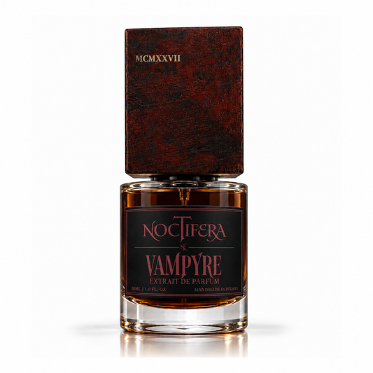 VAMPYRE extrait de parfum by Noctifera, 30 ml bottle with oxblood wooden cap